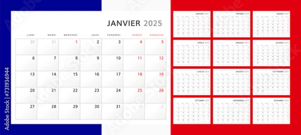 Obraz Calendar 2025 in French. Wall quarterly calendar for 2024 in a classic minimalist style. Week starts on Monday. Set of 12 months. Corporate Planner Template. A4 format horizontal. Vector graphics