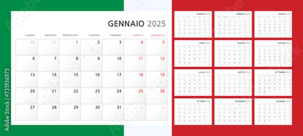 Obraz Calendar 2025 in Italian. Wall quarterly calendar for 2024 in a classic minimalist style. Week starts on Monday. Set of 12 months. Corporate Planner Template. A4 format horizontal. Vector graphics