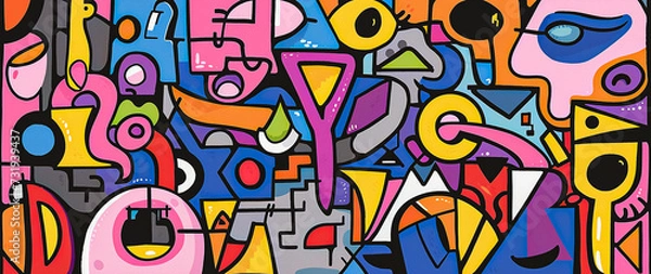 Fototapeta colorful different shapes, swirls, shapes, arches, squiggles, brush strokes and doodles. geometric figures. abstract background in pop art style