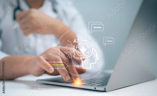 Fototapeta A medical worker use virtual graphic Global Internet connect Chat bot with AI, Artificial Intelligence.Concept of healthcare and medical AI technology services.Futuristic technology transformation.