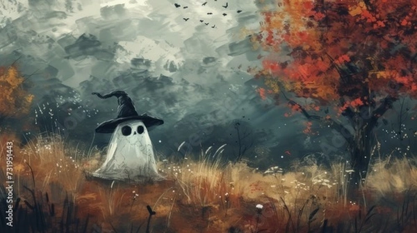 Fototapeta oil painting captures the essence of Halloween with a cute ghost wearing a witch hat amidst a beautiful meadow
