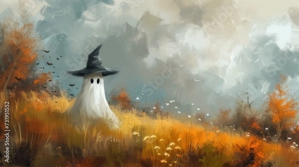 Fototapeta oil painting captures the essence of Halloween with a cute ghost wearing a witch hat amidst a beautiful meadow
