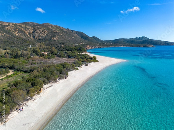 Fototapeta Tuerredda beach seen from above with a drone, surrounded by its famous turquoise sea, on the south-west coast of Sardinia. Coast of Tuerredda bay, Teulada, Sardinia, Italy.