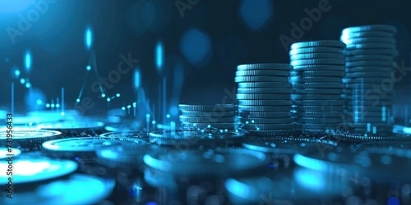 Fototapeta 3D Background with Blue Money Business Graph Finance Chart, Depicting Growth Financial Data, Investment Market Profit Bars, and Success Market Stock Technology Currency Report Concept