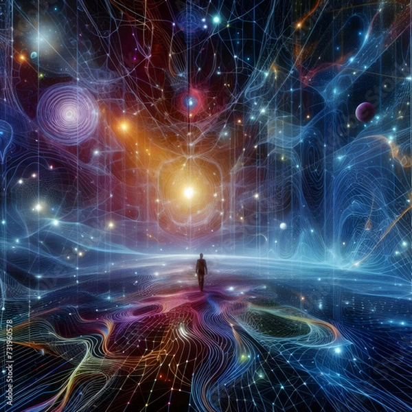 Obraz A pulsating visualization of globalization with different countries, cultures, and technologies connected by colorful lines and shapes