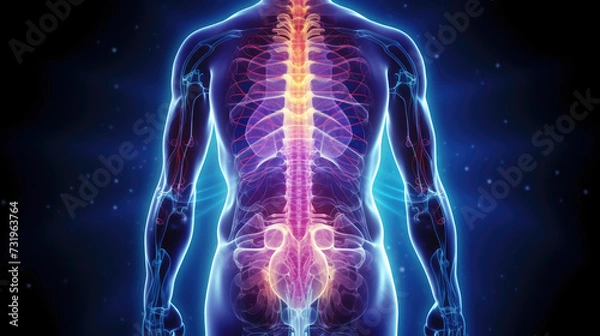 Fototapeta Back Pain, Glowing graphics illustrate the the nerve ending the radiate the pain