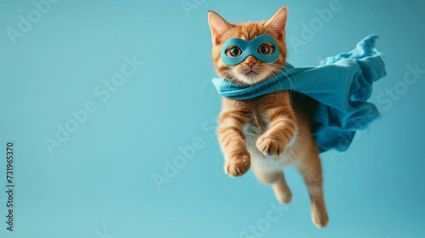 Obraz a yellow striped cat with a blue cape and a blue mask like a super hero flying on a soft blue monochrome background