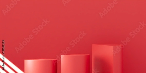 Fototapeta 3 semi-cylinder Product Podium - Red Podium, Red Background. 3D Illustration. Light coming through window
