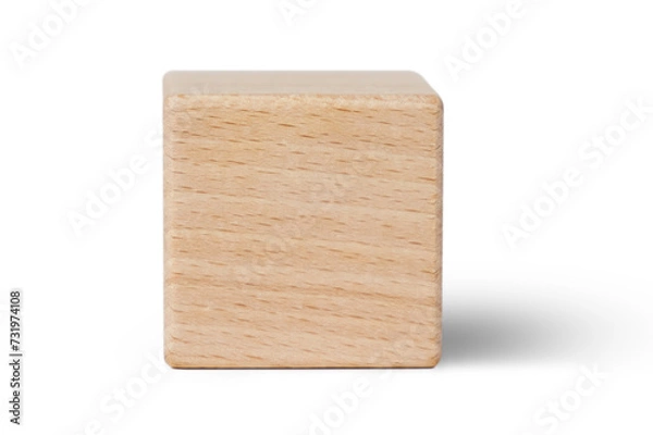 Obraz A plain blank wooden cube block shape stands upright, displaying a clean and unmarked surface. Isolated and cutout from background in png.