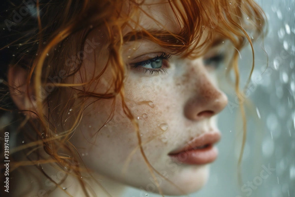 Obraz portrait of a beautiful redhead young woman with freckles, green eyes and rain drops at her pretty face. Autumn season. Awesome people