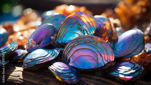 Obraz Close up of blue, pink, rainbow sea shells. Glowing texture. Creative art background