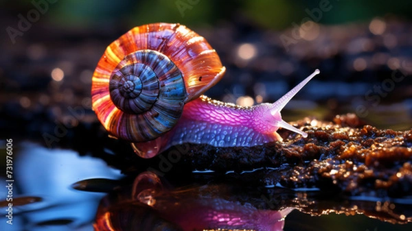 Fototapeta Close up of a rainbow, glowing snail on a leaf, shell on a black background against bokeh