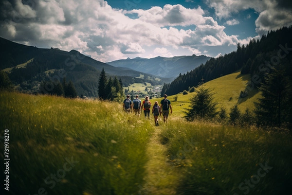 Fototapeta famille ou groupe d'amis, faisant une randonnée à pied en montagne en été.