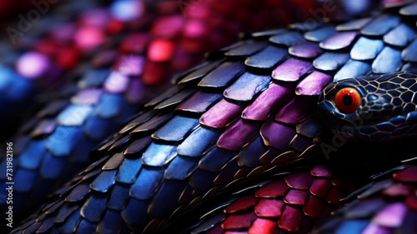 Obraz close up of a python snake texture. Rainbow glowing snake skin. Malagasy or Madagascar Tree Boa. Creative background.