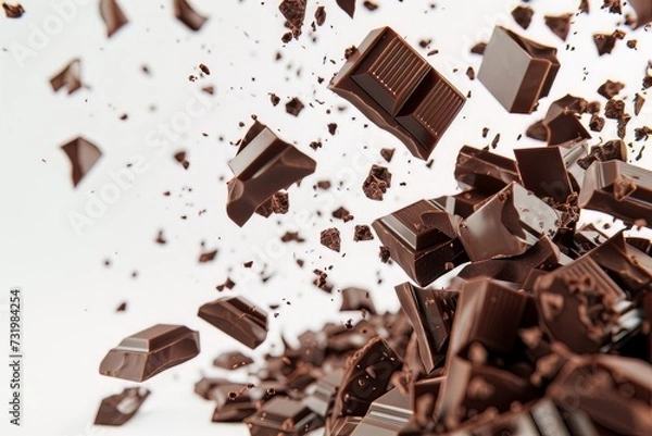 Obraz Flying chocolate pieces, dark brown chocolate fragments isolated on white background