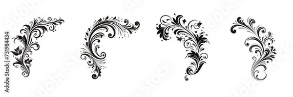 Fototapeta Set of black color ornamental one corners line art on a transparent background