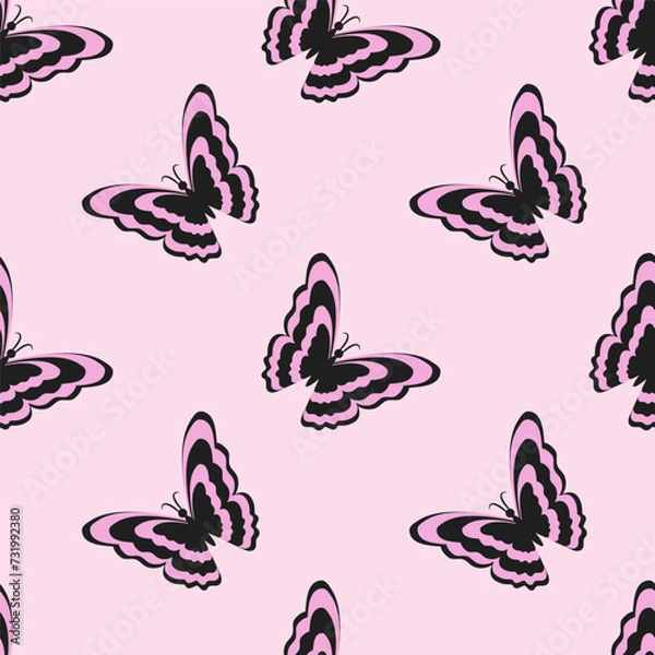 Fototapeta Seamless pattern with pink-black butterflies. Vector illustration in y2k style.