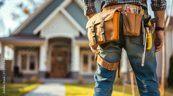 Fototapeta Back of professional handyman or repairman with bag and tools walking into the front door house