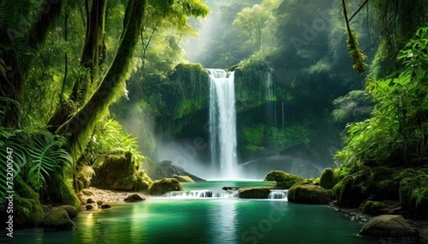 Fototapeta Misty enchanted waterfall in rainforest. Generated with AI