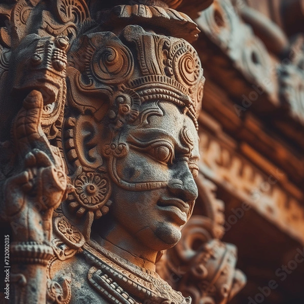 Fototapeta Photograph of the Head of an Ancient Temple Statue Depicting a Hindu Deity. A Captivating Image Capturing the Spiritual Essence 