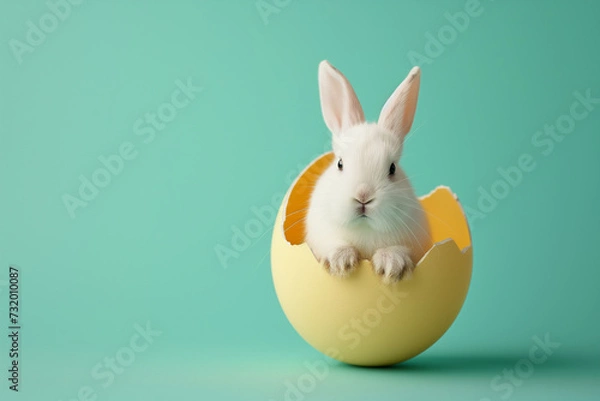 Fototapeta A cute rabbit peeking its head from a cracked Easter egg with a turquoise background