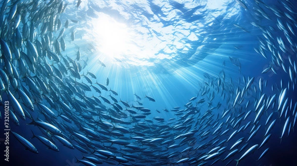 Obraz Large shoal of fish bigeye trevallies swimming in the open sea in a circle, Unity in motion, vibrant blue