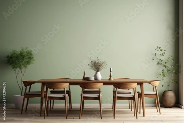 Fototapeta Modern dining room with a wooden dining table set and parquet flooring, decorated with plant pots, with a sage empty wall. Mock up