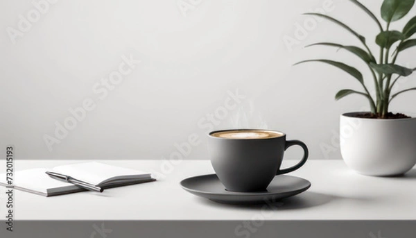 Fototapeta Morning Coffee: Cup filled with steaming coffee rests on a clean white table, casting a subtle shadow. creating a serene morning scene.