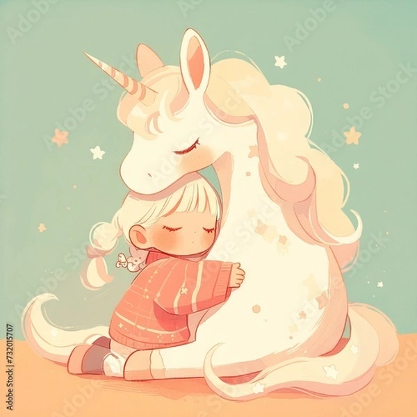 Fototapeta a child hugs a unicorn on a plain background.
Usage concept: mythical imaginary friend
