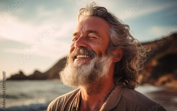 Fototapeta Mature man enjoying a sunny day at the beach. Copy space. AI generative