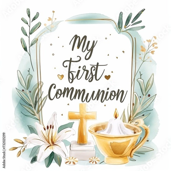 Obraz My first communion, written in stylish typography with subtle heart accents. card