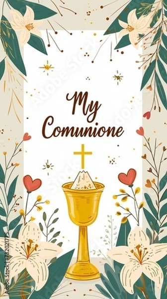 Fototapeta My first Comunione, written in stylish typography with subtle heart accents. card with pyx