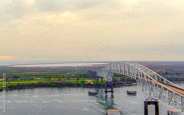 Obraz Aerial view of the Sabine Lake Causeway Bridge at Port Arthur Texas on an overcast day.