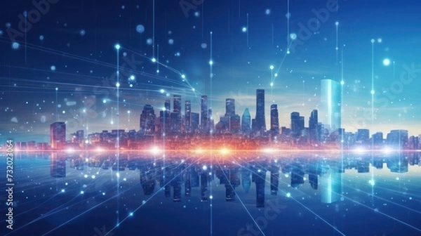 Fototapeta innovation smart city and abstract dot points connect with gradient lines and aesthetic Intricate wave line design, big data connection technology concept.