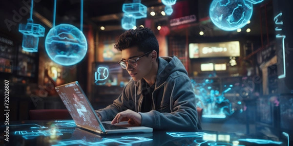 Obraz Teenager learning to create neon signs in hi-tech environment, with AI glowing graphic overlays