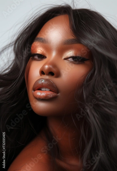 Fototapeta Sublime Chocolate Radiance: Portrait of a Stunning Woman with Lustrous Curls and Glossy Lips