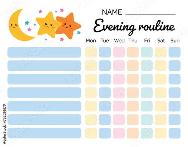 Fototapeta Evening routine chore for kids. My tasks and responsibilities. Daily routine tracker for children. Daily regime. My chore chart. Evening checklist for kids, discipline, motivation.