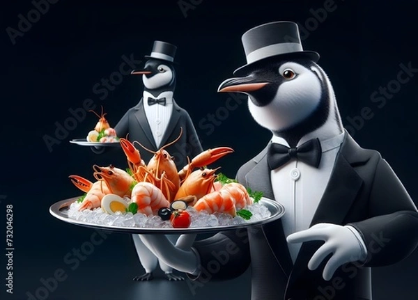 Obraz A Penguin in a Tuxedo Acting as a Waiter, Serving Seafood on a Platter. Elegant Side Composition on a Black Background with Copyspace.