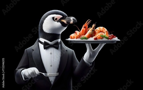 Obraz A Penguin in a Tuxedo Acting as a Waiter, Serving Seafood on a Platter. Elegant Side Composition on a Black Background with Copyspace.