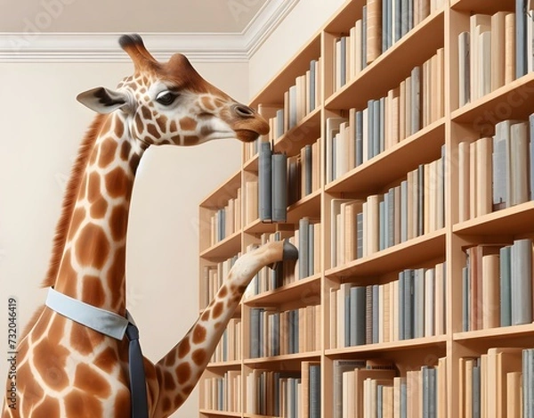 Obraz A Giraffe in a Necktie Reaching for Books on a High Shelf in a Library. Intellectual Side Composition on an Ivory Background with Copyspace.
