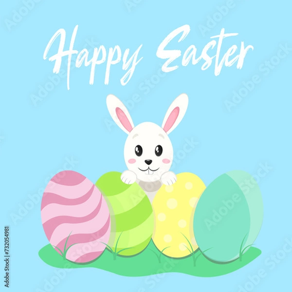 Obraz Happy Easter card, flat style, bunny with Easter eggs on a blue background