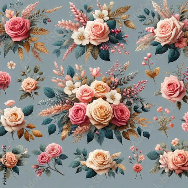 Obraz Hand-drawn minimalist botanical line art of floral branches, roses, leaves, and herbs create an elegant and rustic botanical wedding invitation and save-the-date card template.