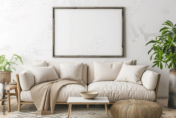 Fototapeta Blank horizontal poster frame mock up in scandinavian style living room interior with modern furniture, minimalistic furniture