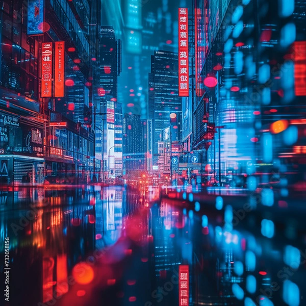Fototapeta Futuristic Cyber Cityscape with Neon Lights Reflection