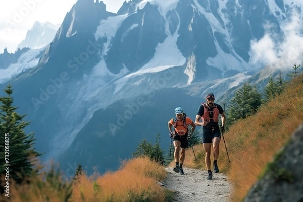 Fototapeta Trail runners on the paths of the Alps.