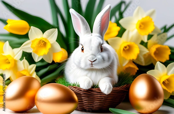 Obraz A white fluffy Easter rabbit sits in a basket, gold eggs and flowers daffodils.