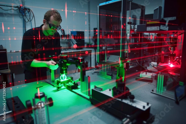 Fototapeta Focused Scientist Engaged in Laser Technology Testing in a Lab. Generative AI.