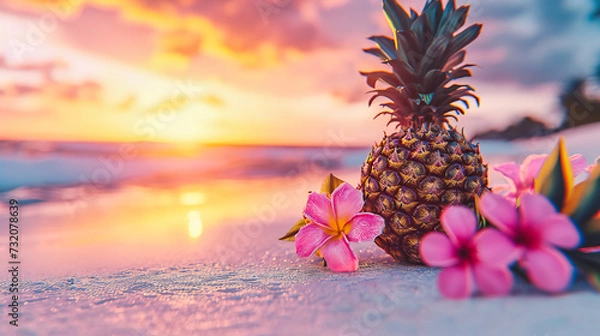 Fototapeta Summery Beach Scene with Fresh Pineapple, Inviting a Taste of Tropical Bliss on a Sunny Seaside Holiday