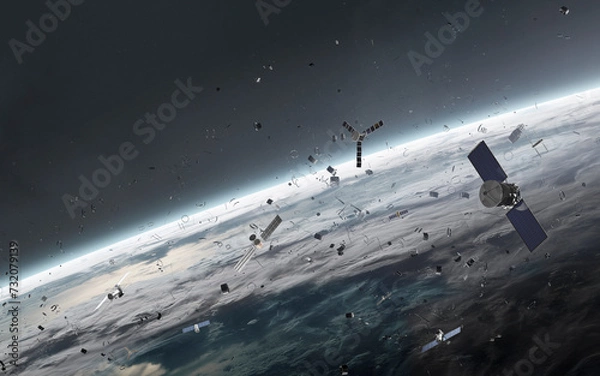 Obraz 3D illustration of Space debris, junk and satellites in orbit planet Earth. High quality digital space art in 5K - ultra realistic visualization.