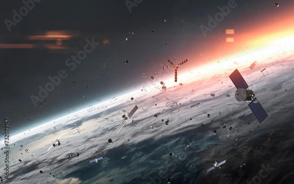 Obraz 3D illustration of Huge cloud of satellites, junk and debris around planet Earth. High quality digital space art in 5K - ultra realistic visualization.